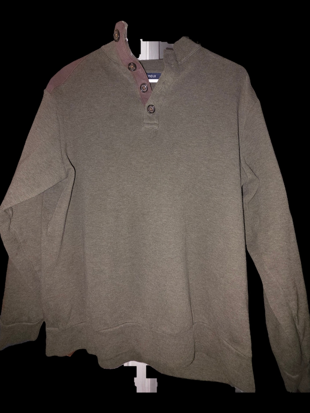 Daniel Cremieux Olive Green Button-Neck Sweater with Brown Detail